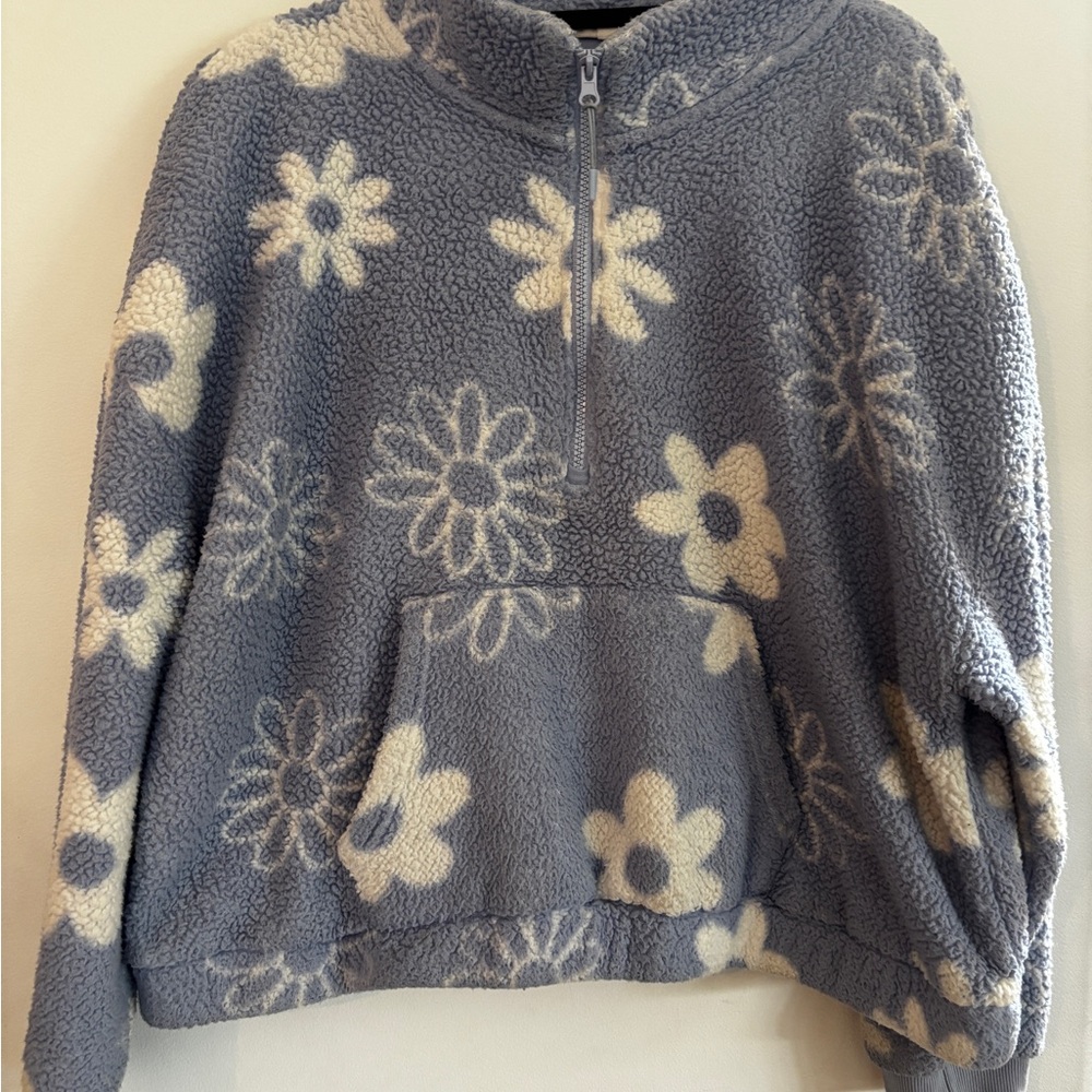 Cozy Gray and Cream Floral Fleece Pullover